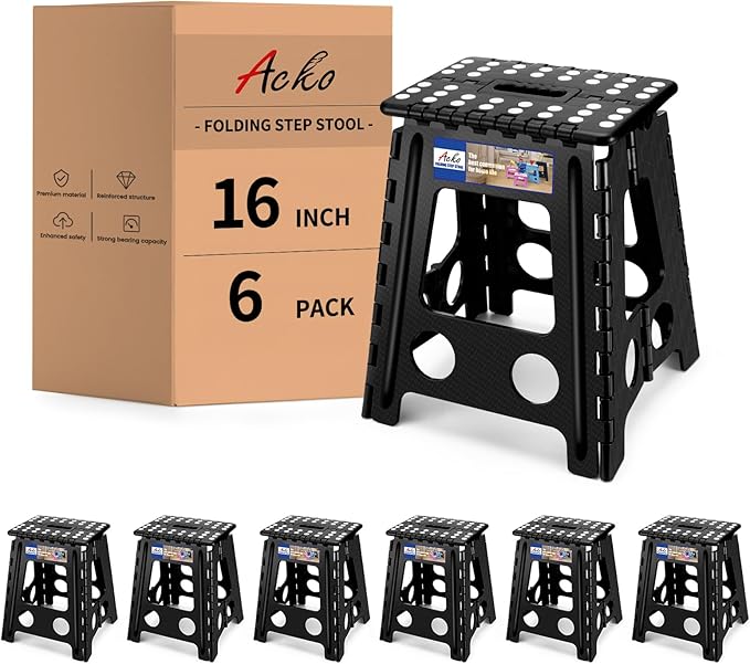 ACKO 6pack Folding Step Stool 16 Inch Stool 400 LB Weight Capacity Plastic Foldable Step Stools for Adults and Kids, Folding Stool Suitable for Kitchen, Stepping Stool with Handle Black Step Stool