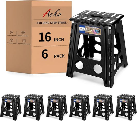 ACKO 6pack Folding Step Stool 16 Inch Stool 400 LB Weight Capacity Plastic Foldable Step Stools for Adults and Kids, Folding Stool Suitable for Kitchen, Stepping Stool with Handle Black Step Stool