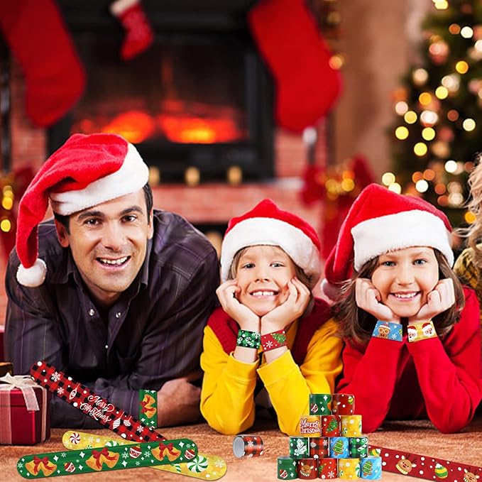 FOIMAS 48pcs Christmas Slap Bracelets,Xmas Santa Reindeer Snap Bracelet Wristband for Kids Christmas Stocking Stuffer Bag Filler Party Favor Supply