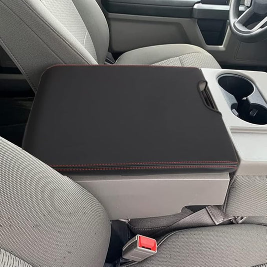 XITER 1PC Leather Center Console Armrest Cover Waterproof Protector Cover for 2015-2026 F150 2017-2026 F250 F350 F450 Super Duty with 40/20/40 Jump Seat(Red Stitches)