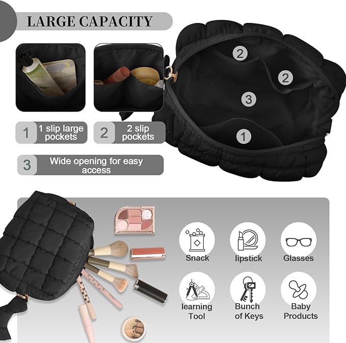 Puffer Quilted Makeup Bag Cosmetic Bags,Puffy Travel Toiletry Pouch for Women,Cute Checkered Zipper Bag Travel Essential,Portable Aesthetic Make up Organizer Bag for Gifts Work Daily(Black,S)