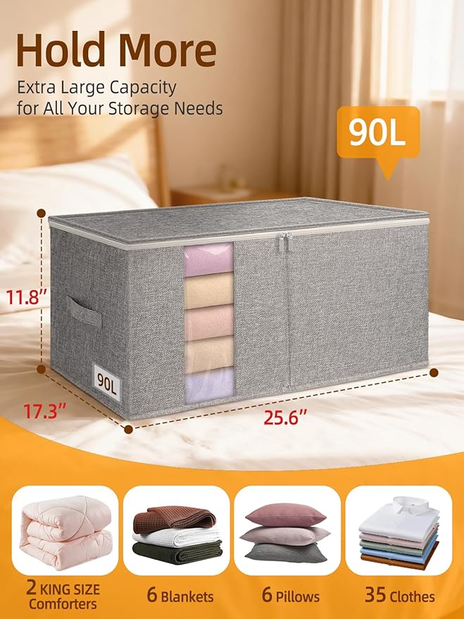 90L King Size Comforter Storage Bag w/Rigid Panels, Large Blanket Organizer for Closet, Stackable & Foldable Container w/Clear Window & Smooth Zippers for Bedding Sets/Clothes, 2 Pack, Gray