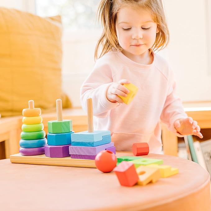 Melissa & Doug Geometric Stacker - Wooden Educational Toy & Deluxe Pounding Bench Wooden Toy with Mallet