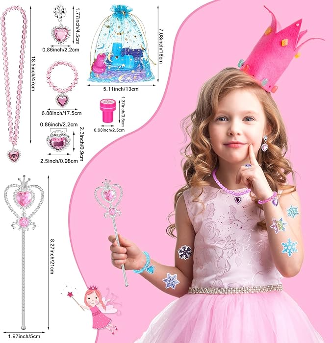 Faccito 134 Pieces Princess Party Favors Winter Birthday Party Supplies Snowflake Jewelry Gifts Set for Kids Include Diamond Necklaces Bracelets Rings Earrings Stickers Crown Wand Stampers Bags
