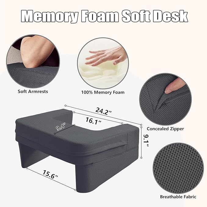 comehealthy Lap Desk for Laptop, Reading Pillow for Adult, Memory Foam Gaming Pillow with Cup Holder, Arm Rest Couch Pillow for Working, Gaming, Reading, Laptop Desk for Couch Bed Floor(Grey)