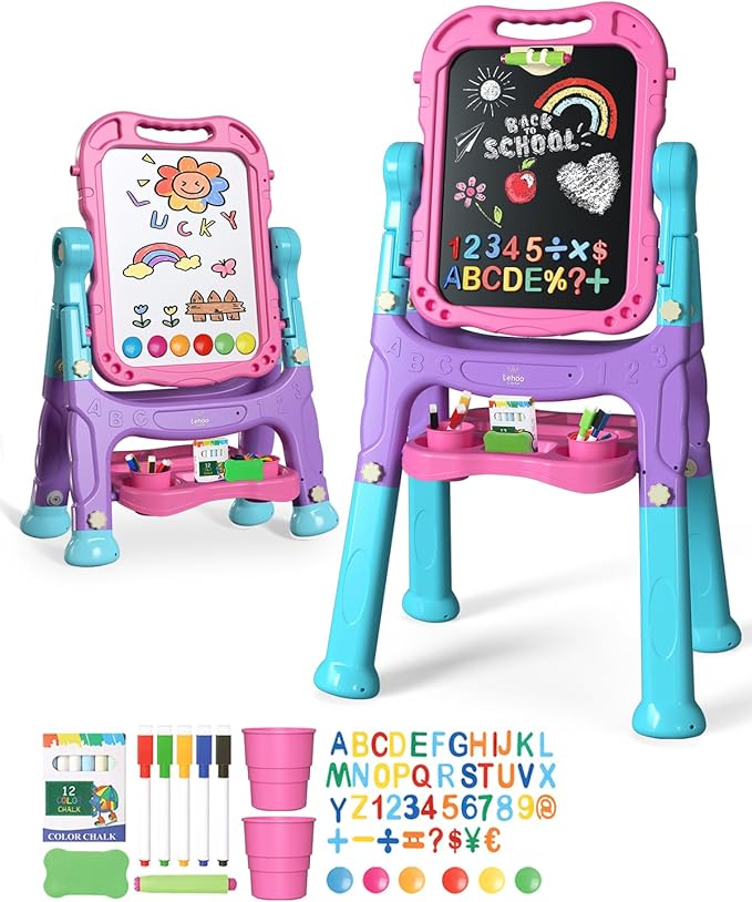Lehoo Castle Easel for Kids, 4 in 1 Double Sided Kids Art Easel with Magnetic White Board & Chalk Board, Adjustable Standing Toddler Easel with Drawing & Writing Accessories (Blue, Purple, Pink)