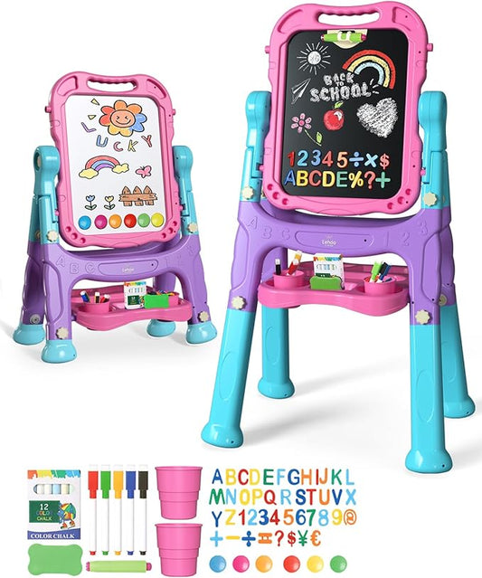 Lehoo Castle Easel for Kids, 4 in 1 Double Sided Kids Art Easel with Magnetic White Board & Chalk Board, Adjustable Standing Toddler Easel with Drawing & Writing Accessories (Blue, Purple, Pink)