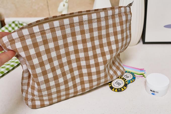 HAPPYHEIDI Khaki Gingham Cotton Makeup Bag Cosmetic Travel Pouch with Bottom, Make Up Purse Organizer, Zipper Closure, Canvas Lined…