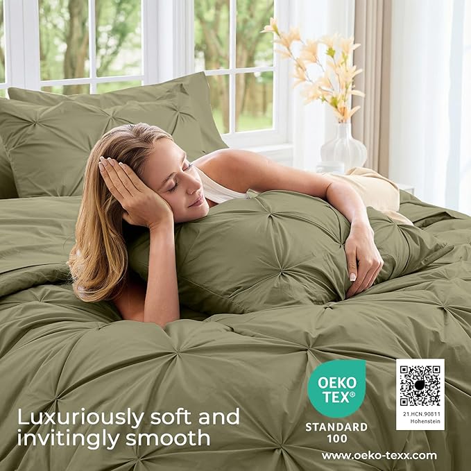 Sasttie King Size Comforter Set, 7-Piece Bed in a Bag, Pintuck Bedding Sets for All Season, Includes Comforter, Flat Sheet, Fitted Sheet, Pillowcases and Pillowshams, Olive Green
