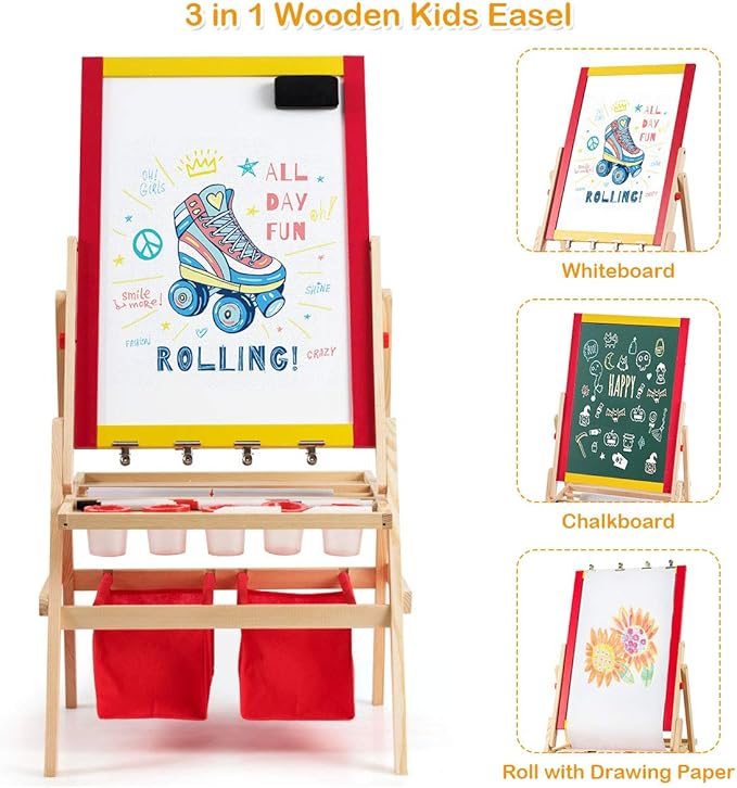 HONEY JOY Easel for Kids, Wooden Double-Sided Standing Toddler Easel w/Magnetic Chalkboard & White Board, Paper Roll, Painting Accessories, Magnetic Alphabet, Art Easel for Boys and Girls, Red