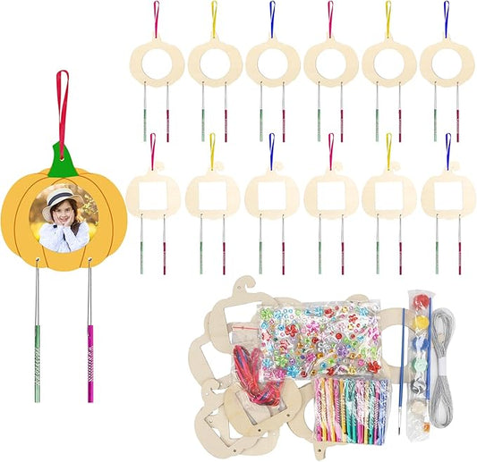 Fennoral 12 Pack Pumpkin Wind Chime Kit for Kids Make You Own Pumpkin Photo Frame Wind Chimes DIY Paint Fall Craft Wooden Ornaments for Art Project Autumn Thanksgiving Decoration