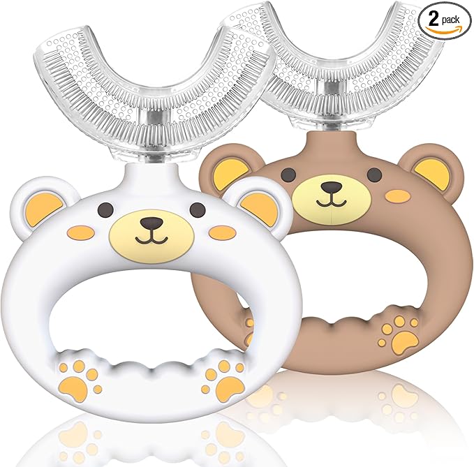 Toddler U Shape Toothbrushes for Baby Age 1 2 3 4 5, 360° Oral Teeth Cleaning Design with Food Grade Soft Silicone Brush (White&Brown)