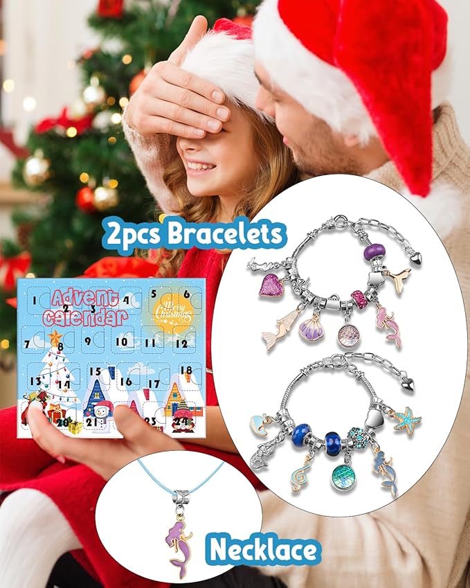 Christmas Advent Calendar 2024, Advent Calendars for Kids/Girl/Teens/Teenagers/Adult Women, Little Mermaid Charm Bracelet Jewelry Making Kit for Girls Crafts Mermaid Accessories, Gift for Girls 6-12