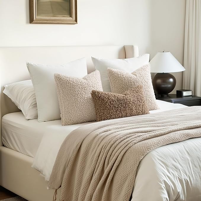 Woaboy Faux Fur Throw Pillow Covers 20x20 Inch Set of 2 Boucle Neutral Decorative Sherpa Fuzzy Accent Soft Sheepskin Fleece Cushions Modern Christmas Home Decor for Couch Sofa Bedroom Livingroom,Beige