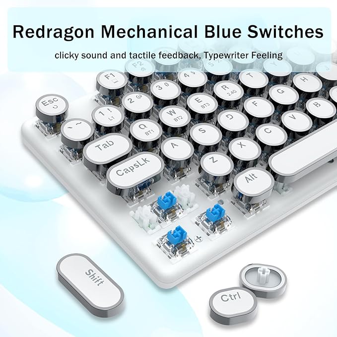 Redragon K710 Wireless Typewriter Mechanical Gaming Keyboard, Bluetooth/2.4Ghz/Wired, RGB LED Backlit, Blue Switch - Clicky, Rechargeable, Solid Metal Panel, Round Keycaps, White