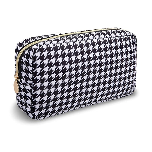 Small Makeup Bag Pouch for Purse，Nylon Travel Toiletry Storage Bag Cute Houndstooth Cosmetic Bag for Women Girls，Waterproof Makeup Organizer Bag Pouch Skincare Bag with Zipper (Small-Houndstooth)
