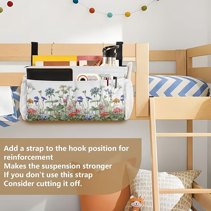 Wildflower Bloom Blue Bedside Caddy for Dorm Bed Bedside Hanging Caddy Bag Iron Frame Storage Organizer Pocket for Bunk Home College Hospital Beds 2 Hooks