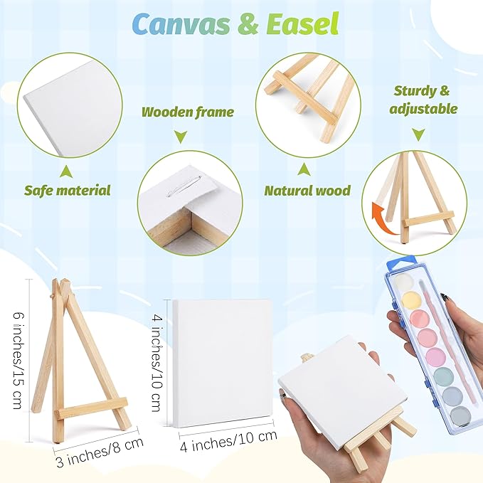 Aodaer 96 Pieces Valentine's Day Gift Mini Watercolor Paint Set Include 24 Set Colors Watercolor Paints Strip Palette Wooden Canvas Easels Canvas Tote Bags Aprons for Art Beginner Painting Supplies