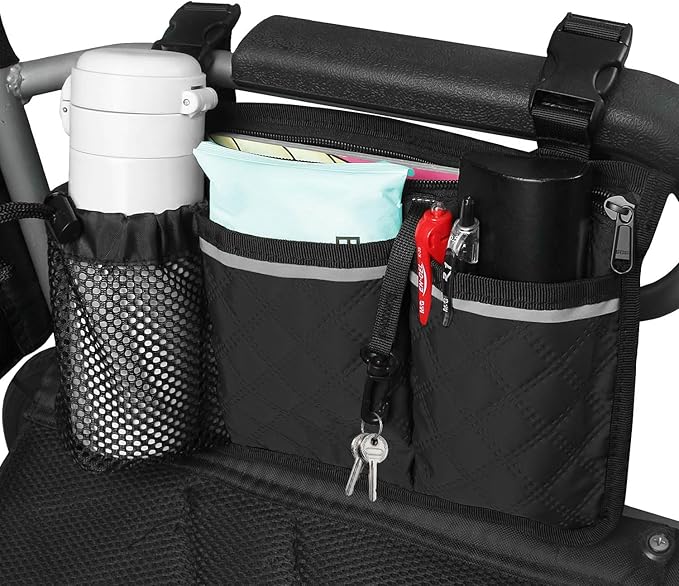 Wheelchair Bag with Cup Holder, Wheelchair Accessories Armrest Side Bag Multi Pockets Pouch for Electric Wheelchairs, Walker, Rollators & Mobility Scooters, Adults, Seniors, Black