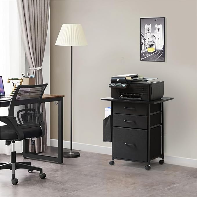 Printer Stand with 3 Fabric Drawer, Mobile File Cabinet for Home Office with Storage Bag, Rolling Under Desk Organizer Shelf, Fits A4 or Letter Size, Complete Top Plate Fast Assembly (Night Black)