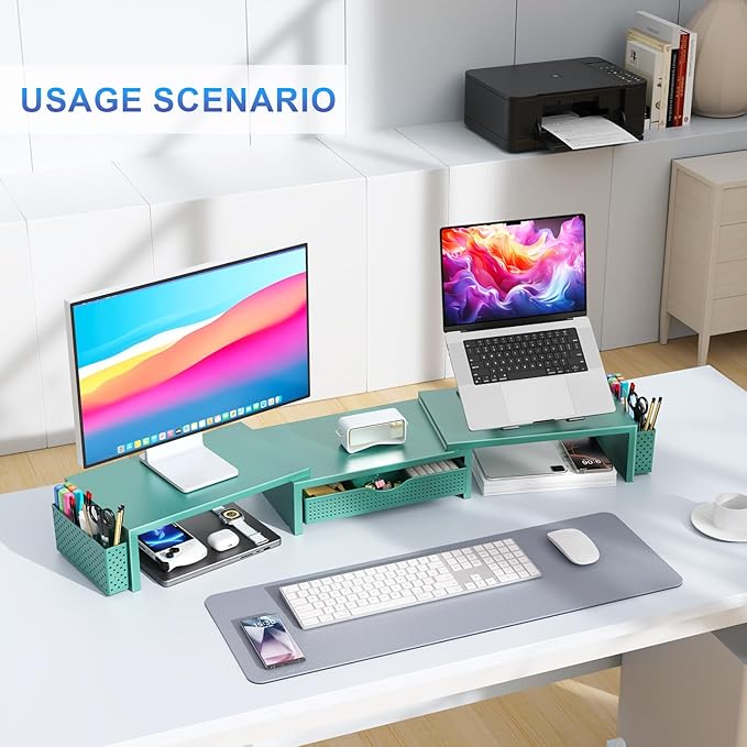 gianotter Dual Monitor Stand Riser, Desk Organizer With Drawer and 2 Pen Holders, Monitor Stand for Desk, Office Decor Essentials (Green)