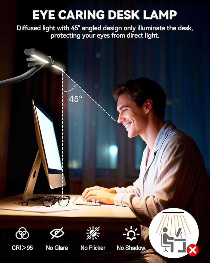 LED Desk Lamp for Home Office, Eye-Caring Architect Lamp with Clamp, Stepless Dimming Computer Light for Dual Screen Monitor, 5 Color Adjustable Lighting Mode, Workbench Light for Drafting, Study