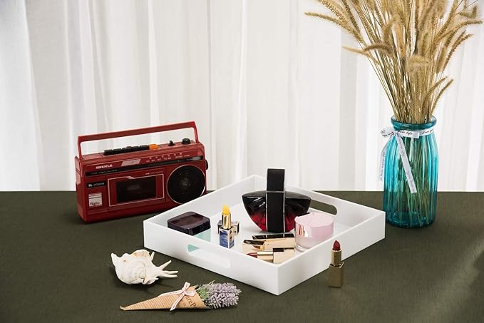 Glossy White Sturdy Acrylic Serving Tray with Handles-10x10Inch-Serving Coffee,Appetizer,Breakfast,Butler-Kitchen Countertop-Makeup Drawer Organizer-Vanity Table,Ottoman Tray-Decorative Tray