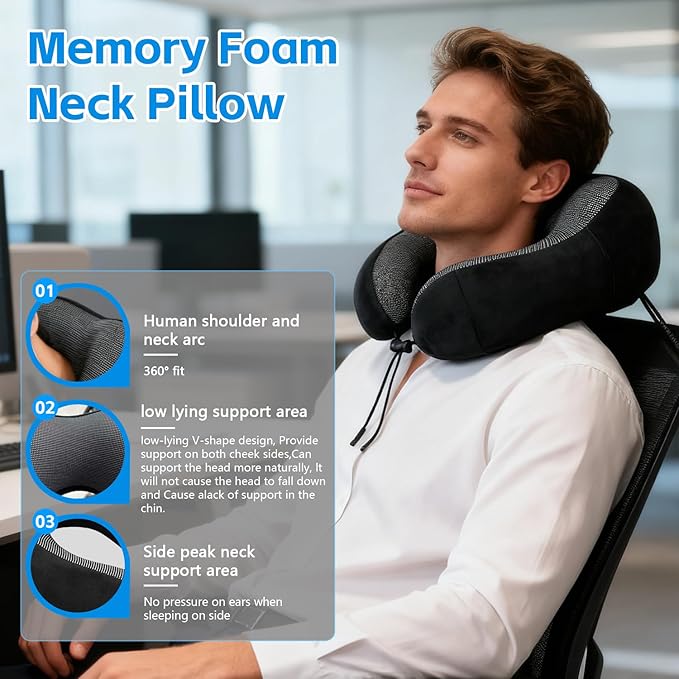WeiTrust Travel Neck Pillow with Memory Foam - Ergonomic Support, Adjustable Buckle, Includes Eye Mask & Ear Plugs, Machine Washable Cover for Flights, Car & Office(Black)