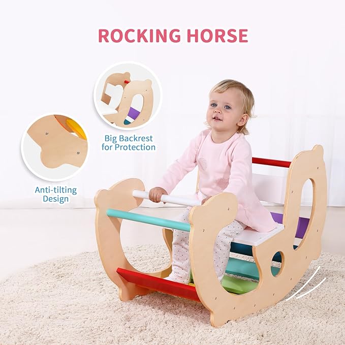 2 in 1 Rainbow Climbing Toys - Pikler Montessori Climbing Set, Wooden Rocking Horse Toy, Children Indoor Outdoor Play Gym Learning Playset, Playground for Kids Present