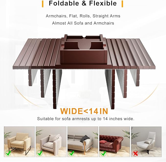 Bamboo Couch Armrest Table, Sofa Arm Tray with Detachable Couch Cup Holder- 2 in 1 Anti-Slip Foldable Sofa Armchair Caddy Table for Drinks Cellphone TV Remote Snacks (Walnut)