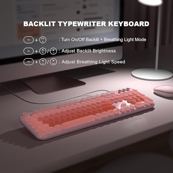 Wired Keyboard with Backlit, Light Up Computer Keyboards with Multimedia Keys, Full Size Wired Keyboard with Illuminated LED, Plug and Play, Anti-Wear Letters for Laptop, Desktop- Pink Colorful