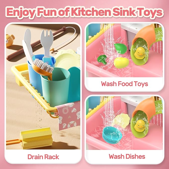 HOLYFUN Play Sink with Running Water, Kitchen Sink Toy with Upgraded Electric Faucet, Water Slide Track, Fishing Game Pool, and Floating Toys for Pretend Play,Dishwasher Toy for Kids and Toddlers