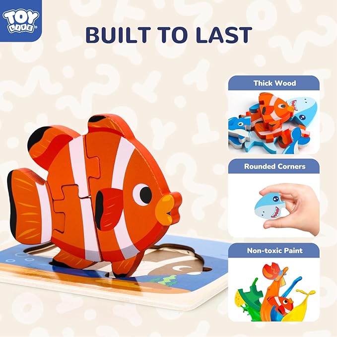 TOY Life Wooden Puzzles for Toddlers 2-4, Sea Animals Toddler Puzzles, Puzzles for Toddlers 1-3, Wood Puzzles Educational Montessori Toys Gifts for 1 2 3 Year Old, Baby Puzzles Kids Learning Toy