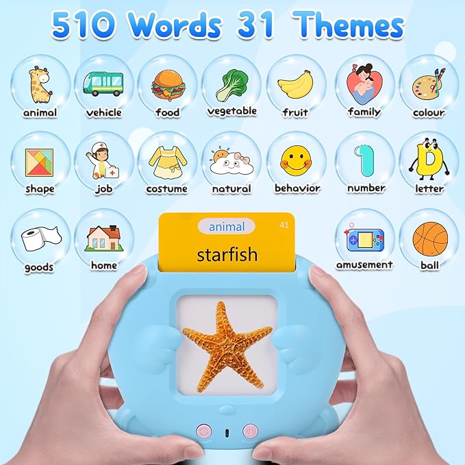 Toddler Talking Flash Cards with 255 Cards and 510 Words, Autism Sensory Toys, Speech Therapy, Montessori Toys, Learning Educational Gifts with Music for 3 4 5 6 Year Old Boys and Girls(Blue)