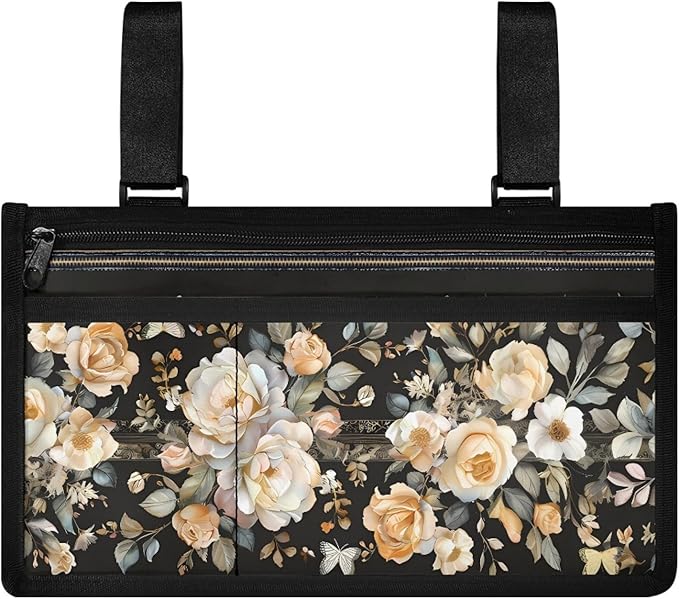 ZOUTAIRONG Flowers Wheelchair Side Bag, Wheel Chair Accessories - Arm Rest Storage Pouch Organizer to Hang on Side, Fits Walkers, Rollators, Scooters, for Men and Women