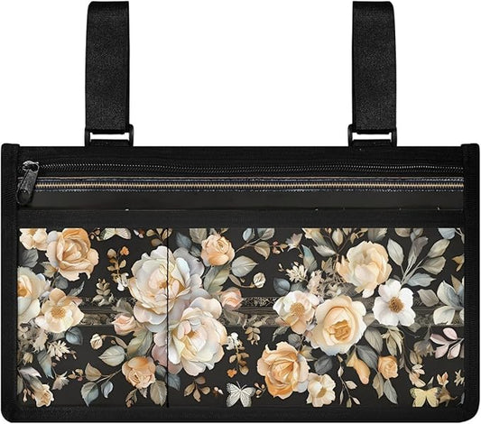 ZOUTAIRONG Flowers Wheelchair Side Bag, Wheel Chair Accessories - Arm Rest Storage Pouch Organizer to Hang on Side, Fits Walkers, Rollators, Scooters, for Men and Women