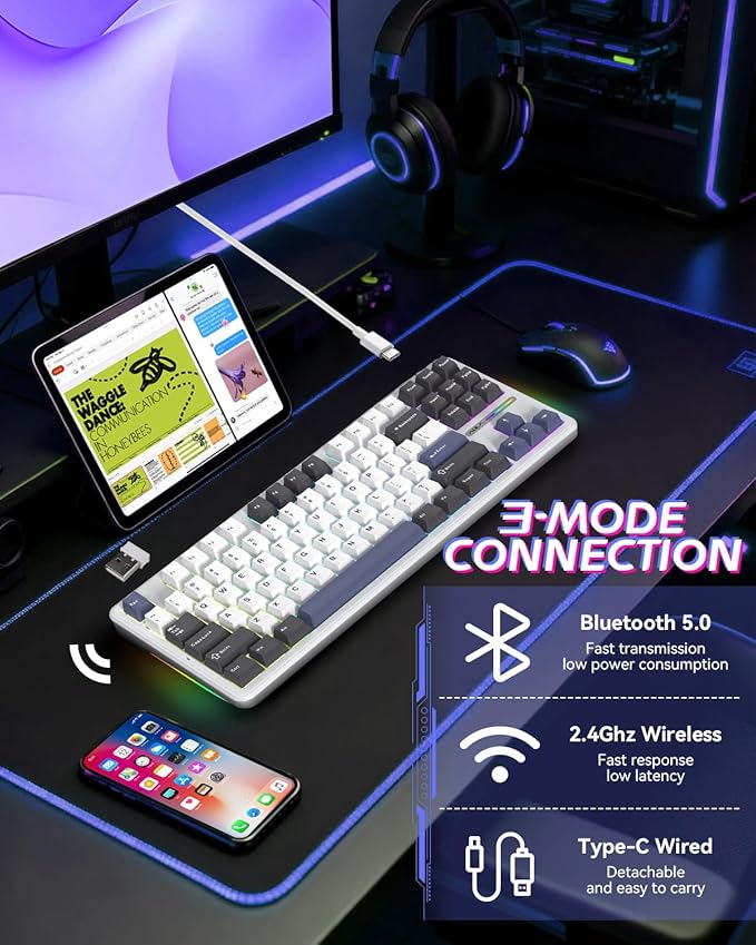 Aula F87 Pro Gaming Keyboard, Tri-Mode BT5.0/2.4GHz/USB-C Hot-Swappable RGB Wireless Mechanical Keyboard, Gasket Mount, 4000mAh, for Windows/Mac Gamer & Typists（LEOBOG Gray Wood Switch V4）