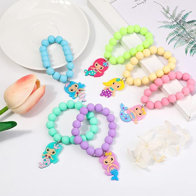 6 Pieces Mermaid Beaded Bracelets for Girls, Silicone Mermaid Pendant Bracelet Kids Jewelry Bracelets Set Princess Dress up Party Favor Gift (random colors)