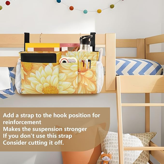 Bright Yellow Chrysanthemum Flowers and Lemon Bedside Caddy for Dorm Bed Bedside Hanging Caddy Bag Iron Frame Storage Organizer Pocket for Bunk Home College Hospital Beds 2 Hooks