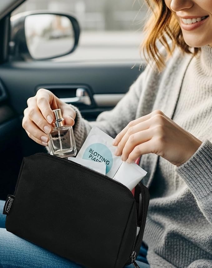 Aosbos Small Travel Makeup Pouch - Cosmetic Bag for Women, Midnight Black