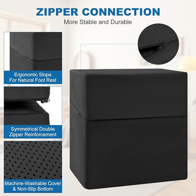 Adjustable Foot Rest for Under Desk at Work,Suitable for Offices Gaming Homes Air Travel and Features a Zippered Connection Design and Under Desk Leg Rest,Removable and Washable Fabric Cover(Black).