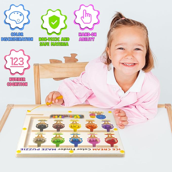 Magnetic Color and Number Maze, Wooden Color Matching Learning Counting Magnet Puzzle Board Montessori Toys, Toddler Educational Fine Motor Skills Learning Toys for Boys Girls 3+ Years Old