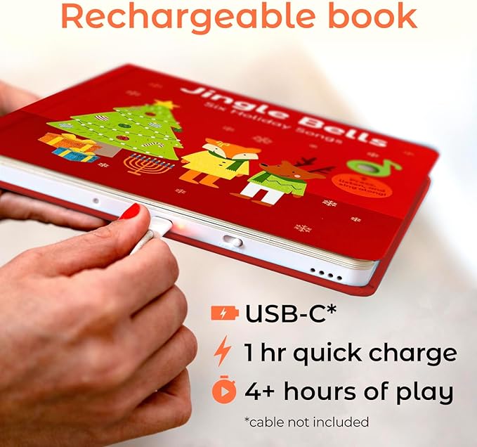 Cali's Books Jingle Bells USB-C Rechargeable Christmas Musical Book - Toddler Interactive Christmas Books for Kids and Babies - Sound Books for Toddlers 1-3 - Baby