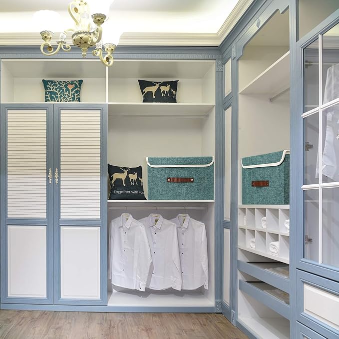 TYEERS Collapsible Storage Boxes, Washable Fabric Storage Bins with Lids, 14.9x9.8x9.8 inches, 3 Pack, Aqua Deep