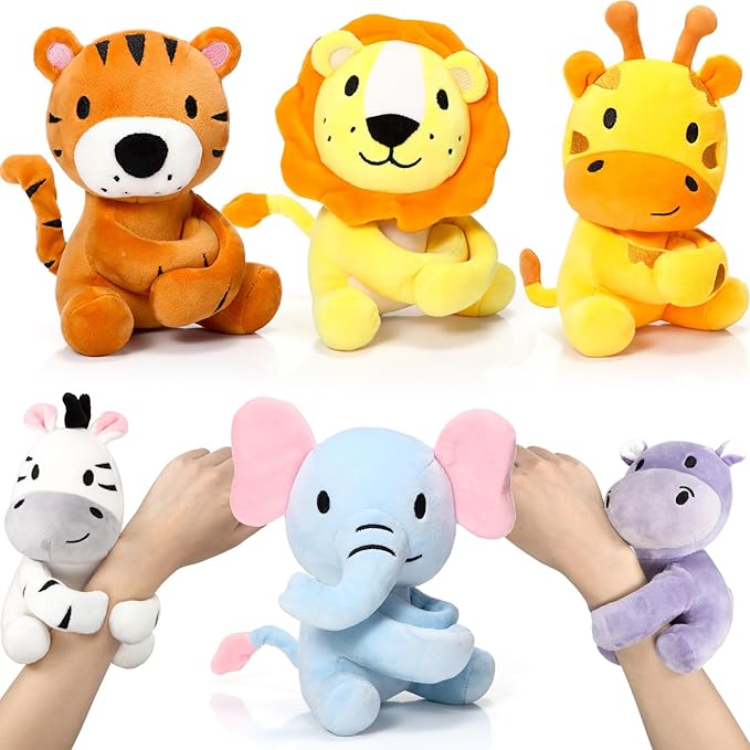Aoriher 6 Pcs Stuffed Forest Animal Slap Bracelets Bulk 6 Inch Jungle Animals Plush Slap Bracelets Cute Stuffed Animal Slap Bracelets Gifts for Valentine Birthday Baby Shower Party Favor Decorations