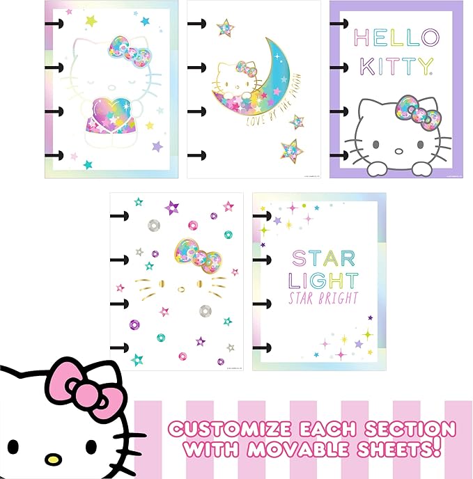 Horizon Group USA Hello Kitty DIY Glitter Micro Journal, 40+ Stationery Accessories Including Hello Kitty Stickers, Surprise Keychain, Interchangeable Binder Discs, Squishy Glitter Cover & More