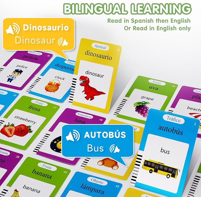 Whongkidz Spanish Talking Flash Cards, Bilingual Toy for Kids Toddlers Pocket Speech Audible Flashcards, Educational Autism Sensory Toys for Autistic Children, Speech Therapy Toys (Blue_112 Cards)
