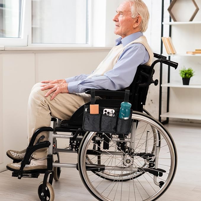 Wheelchair Side Bag, Wheelchairs Storage Bag Wheelchair Pouch Wheelchairs Armrest Bags with Cup Holder Elderly Walking Aid Suspension Bags Wheel Chair Accessories for Walkers Rollators (Black)