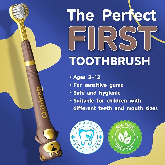 3 Sided Toothbrush for Kids, Japanese Design Triple-Angle Toothhugger, Cartoon Bear Design Sensory Toothbrush for Toddlers, Kids Toothbrush for Aged 3-12, Soft Bristles for Gentle Gum Care (3Pack)