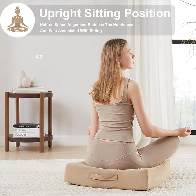 22 inches Floor Pillow for Adults - Large Meditation Cushion with Thick Foam & Soft Tufted Cover - Premium Outdoor Square Floor Cushion Seat - Yoga Pillows for Sitting On Floor - Khaki